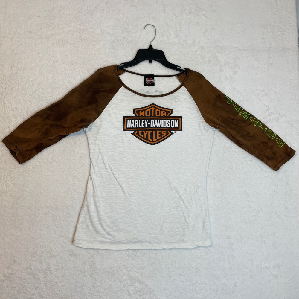 Harley Davidson Cycles Jamaica Raglan T Shirt Womens XXL White Brown